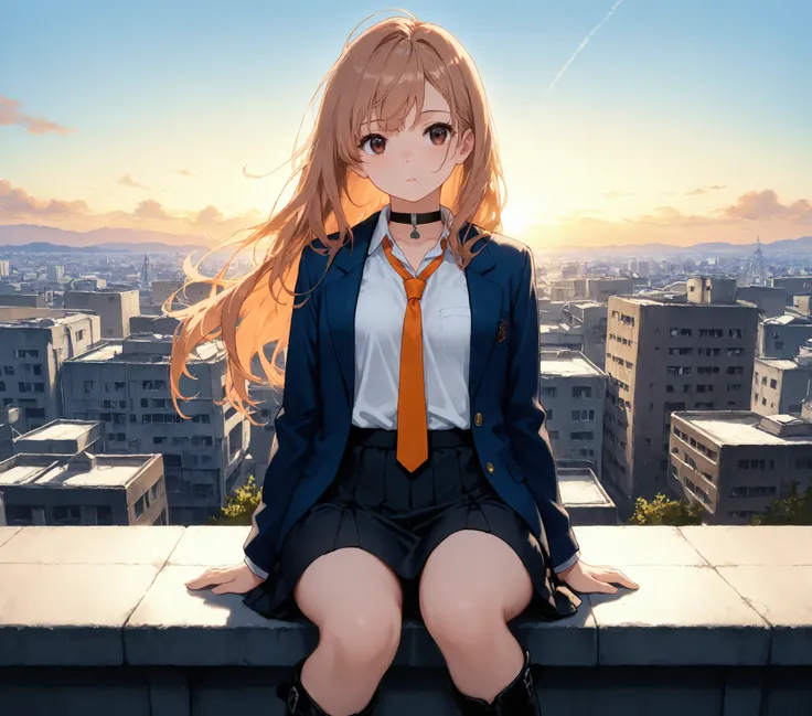 1 woman, solo, panoramic shot, light brown hair, long hair, dark brown eyes, small breasts, black choker, school uniform, white shirt, loose dark orange tie, loose blue jacket, dark skirt, black boots, sitting on the edge of a rooftop, windy, masterpiece, ...