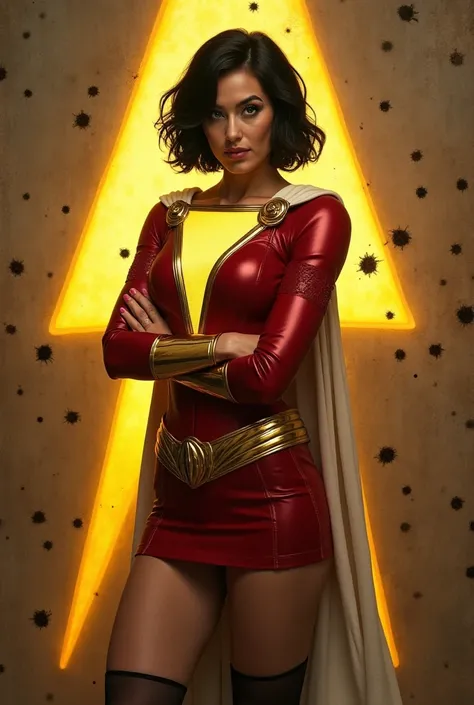 Very realistic photo Beautiful Shazam Girl Mary Marvel Gothic Invulnerable ,  short black hair,  blue eyes ,   mini skirts stockings very tall athletic and muscular with their arms crossed in front of gangsters shooting a lot of bullets and yellow lasers t...