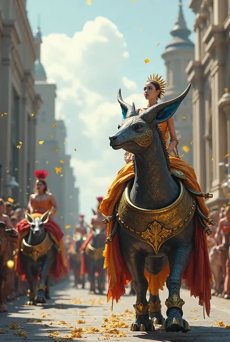 A wide avenue ,  where a majestic parade takes place . Noble Hybrid animals and giant robots in platinum armor march alongside kings and queens riding hybrid creatures with feathers and metallic metals.  golden confetti floats through the air .