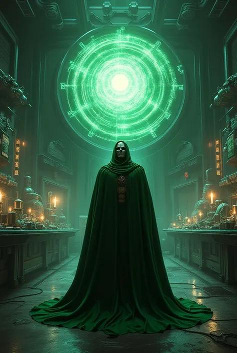 Doctor Doom in his secret laboratory in Latveria ,  surrounded by advanced technology and a mysterious source of cosmic energy shining in the center.
