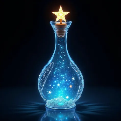  photoreality 、 Tall with Stars Carved on the Surface  , It features a unique, cute-shaped glass bottle in the shape of fairy wings、Стиль   fantasy ,   Beautiful Magical Sparkle  ,   Blue Liquid Bottle with Sparkling and Pearlescent Sparkle  ,    Masterpie...