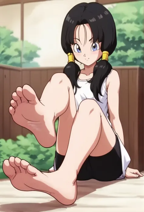 source_anime, score_9, score_8_up, score_7_up, anime screencap,
official style, anime coloring, 
videl, low twintails, black hair, hair tubes,  blue eyes, 
No shirt, topless, sitting, barefoot, bike shorts, looking at viewer, soles visible, foot focus, per...