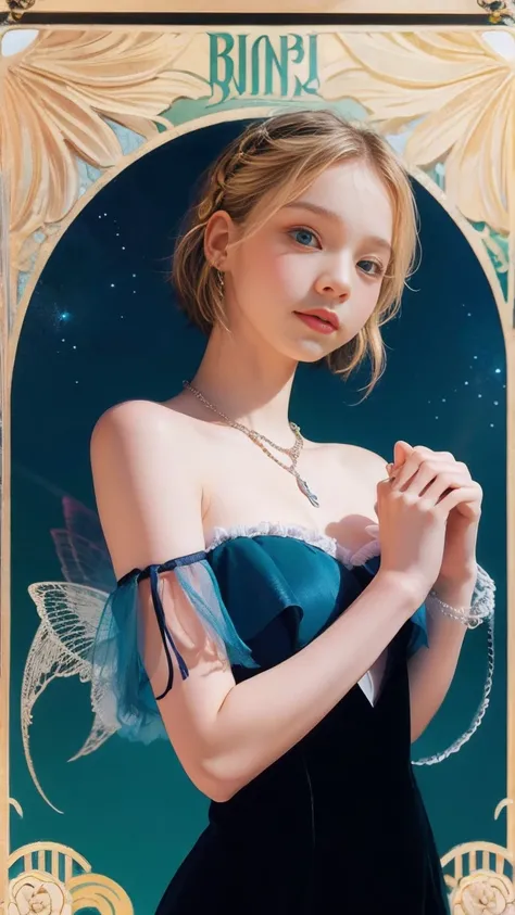 Emma Myers,  absurd,  top quality, 1 girl, Alone,  bright blonde ,  necklace, (simple space background), ( art nouveau style poster),  watches viewers, Intense Perspectives , Playing with the camera, （ mid-length bangs、 shown from head to foot 、whole body、...