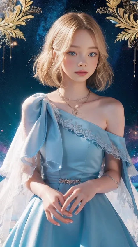 Emma Myers,  absurd,  top quality, 1 girl, Alone,  bright blonde ,  necklace, (simple space background), ( art nouveau style poster),  watches viewers, Intense Perspectives , Playing with the camera, （ mid-length bangs、 shown from head to foot 、whole body、...