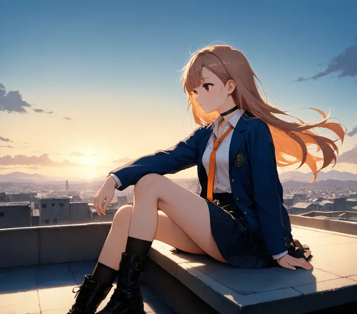 1 woman, solo, panoramic shot, side shot, light brown hair, long hair, dark brown eyes, small breasts, black choker, school uniform, white shirt, loose dark orange tie, loose blue jacket, dark skirt, black boots, sitting on the edge of a rooftop, windy, ma...