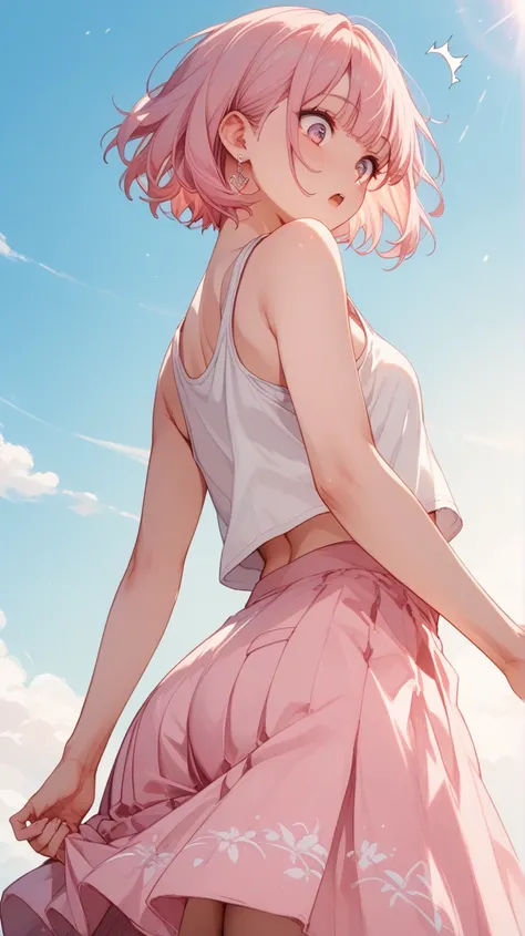  high school girl、Earrings、pale pink short hair、short hair、 tank top、medium hip、Butt、long skirt、looking down、Surprised、from below,backlighting,white pastel background