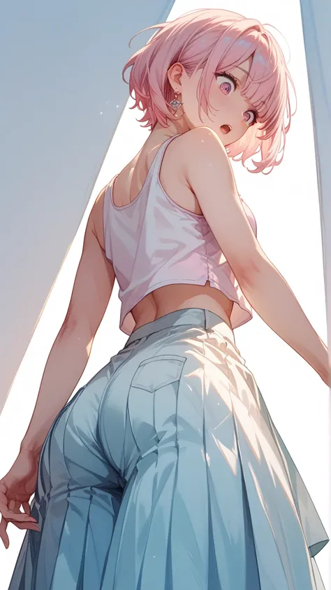  high school girl、Earrings、pale pink short hair、short hair、 tank top、medium hip、Butt、long skirt、looking down、Surprised、from below,backlighting,white pastel background