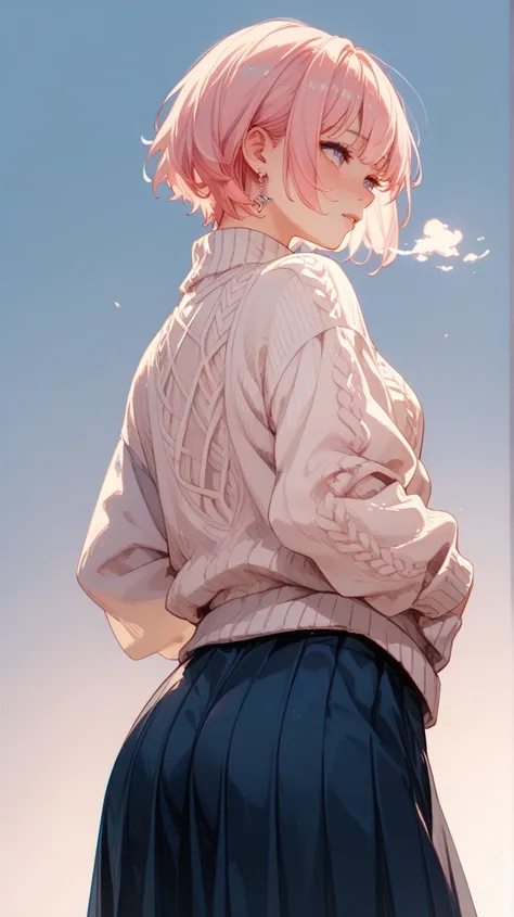  high school girl、 I'm out of breath、Earrings、pale pink short hair、short hair、sweater、medium hip、Butt、long skirt、looking away、 looks embarrassing、from front,backlighting,white pastel background