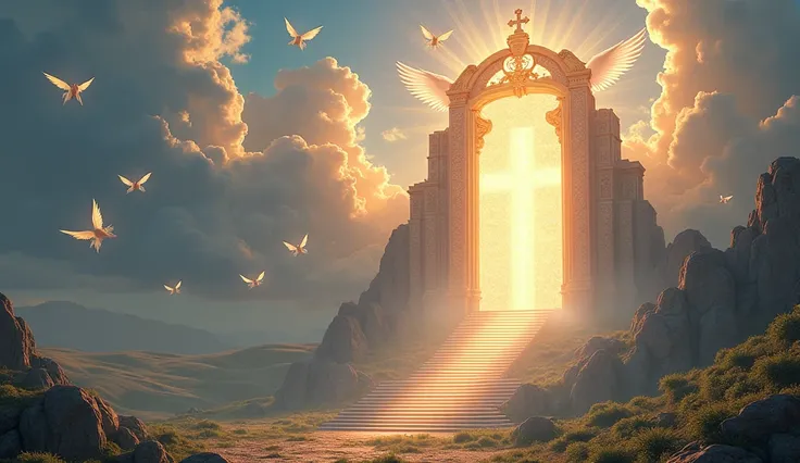  Heaven's Gate with Stairs , Big Key ,  Bible and Flying Angels Landscape