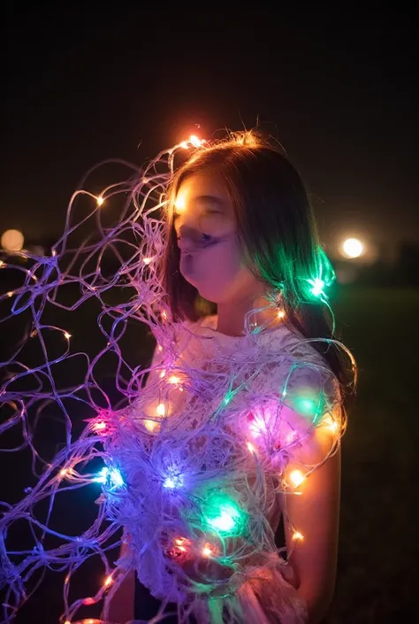 A young Thai woman wrapped in colorful string lights