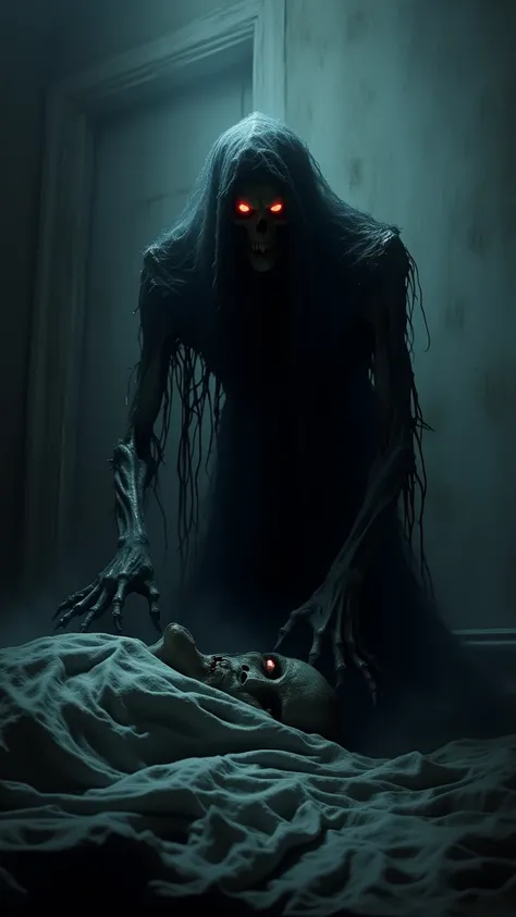 A nightmarish shadowy figure crouches over a sleeping victim, its gaunt, skeletal hands pressing down on their chest. The creature has glowing red eyes that pierce through the darkness, its face twisted into a grotesque, demonic grin. Its body is cloaked i...