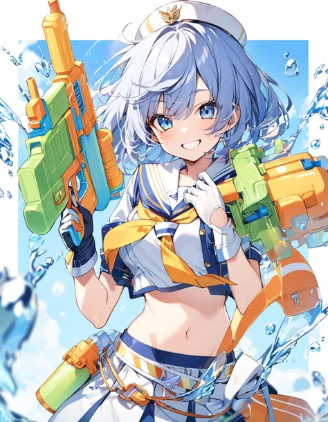  girl,Sailor,midriff, gloves,Water gun,smile,