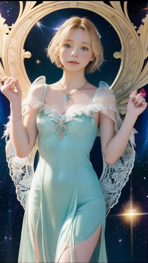 Emma Myers,  absurd,  top quality, 1 girl, Alone,  bright blonde ,  necklace, (simple space background), ( art nouveau style poster),  watches viewers, Intense Perspectives , Playing with the camera, （ mid-length bangs、 shown from head to foot 、whole body、...