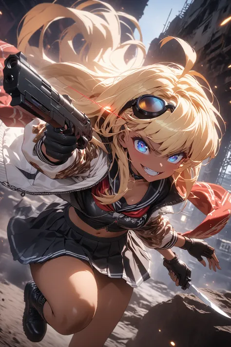 score_9, score_8_up, score_7_up, score_6_up, score_5_up, score_4_up,anime artwork masterpiece,best quality, unreal engine, ultra res, extremely detailed, One Girl,blonde hair,long hair,blue eyes,Glowing Eye Trail,tan skin,biker goggles on head,black sailor...