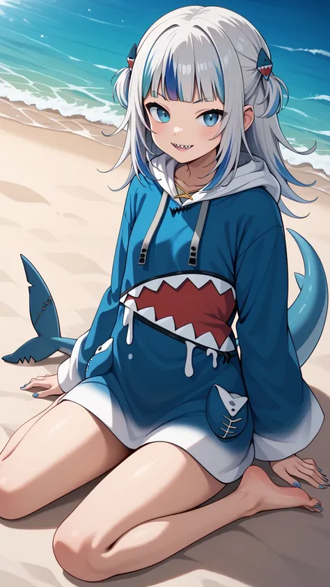 ggdef, shark girl, blue eyes, blue hair, grey hair, multicolored hair, streaked hair, blunt bangs, two side up, shark hair ornament, sharp teeth, nail polish, blue nails, shark tail, fins, blue hoodie, hood down, long sleeves, wide sleeves, sleeves past wr...