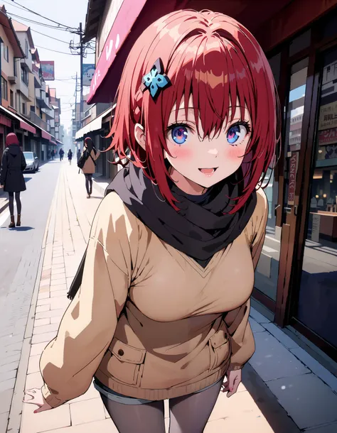 Kurosaki's thing , stupid hair,  blue eyes, Alone, braided,  hair intake, hair ornament, long hair, Red Hair, hair  braided,smile,blush, open their mouths, White Breath, down coat,black scarf , shorts that stand on only your feet,( sweater:1.2),( turtlenec...