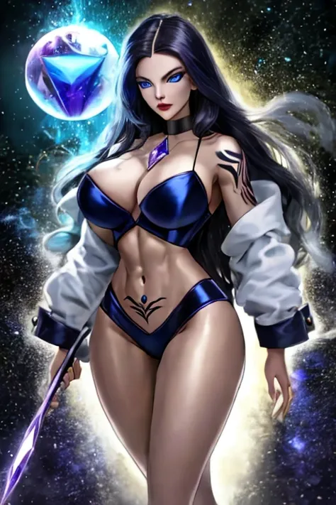 Young sorceresses fusion witches clothing witches bodies Athletic big breasts big buttocks long hair multicolored blue eyes yellow makeup magic tattoos magic wands magic crystal balls shiny blue eyes 