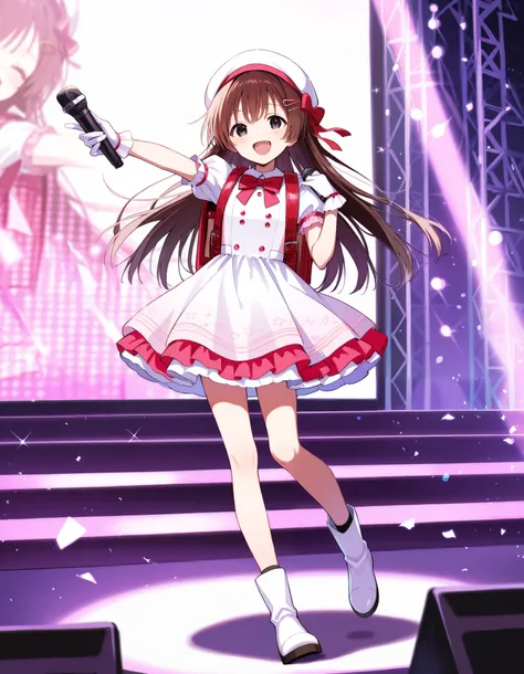 (littlegirl) (solo) ((cute dress)) (colorful dress) (idol dress) (slender body) (thin body), (brown hair) (black eyes) (longhair), happy and confident expression. full body, stage, long hair, hair clip, hair ribbon, hair ornaments, (ch1ldren playing), shor...