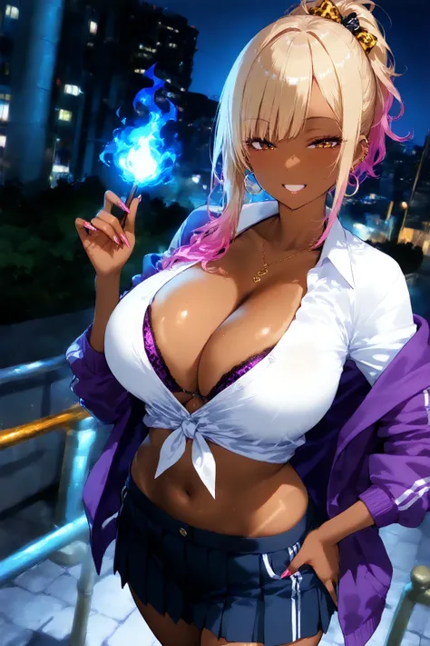 4k,ultra detailed,blue fire magic user, girl,gyaru,tanned skin,background urban,at night,