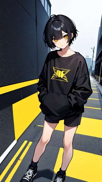   high resolution,   boyish,    in the seat,  black hair,  shortcuts,   Asymmetric Hairstyle ,  Asymmetrical bangs,   yellow eyes, Round and round eyes, Twirling Eyes ,  skater-style street fashion, slightly oversized bottoms,  standing,  薄 dark一人部屋,  The ...