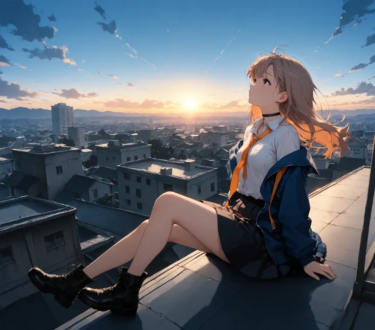 1 woman, solo, panoramic shot, side shot, light brown hair, long hair, dark brown eyes, small breasts, black choker, school uniform, white shirt, loose dark orange tie, loose blue jacket, dark skirt, black boots, sitting on the edge of a rooftop, looking u...