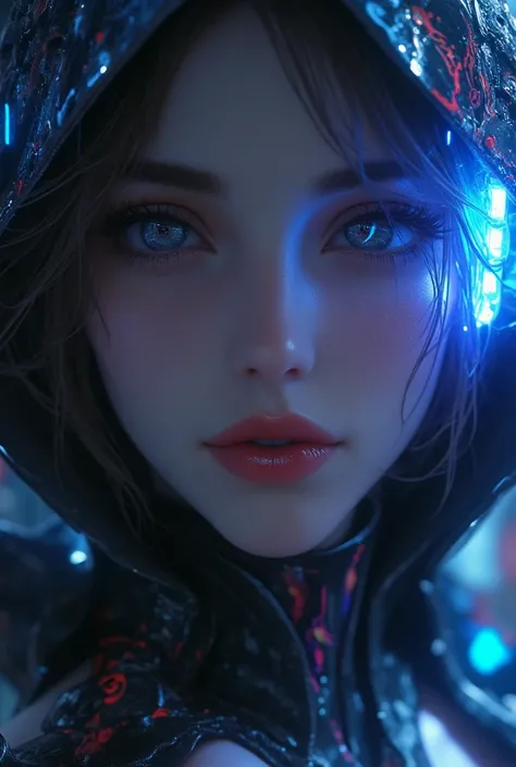 a close up of a woman in a futuristic outfit with a neon ring, seductive cyberpunk dark fantasy, [ trending on cgsociety ]!!, wearing witchblade armor, girl in mecha cyber armor, cyberpunk knight, stunning cgsociety, stunning armor, beutiful girl cyborg, a...