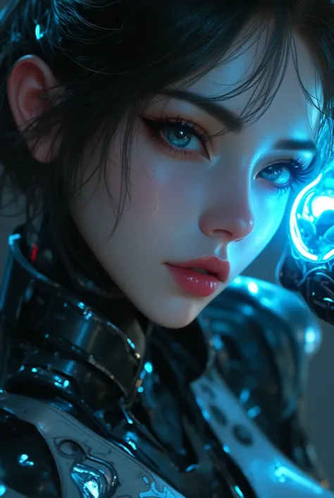 a close up of a woman in a futuristic outfit with a neon ring, seductive cyberpunk dark fantasy, [ trending on cgsociety ]!!, wearing witchblade armor, girl in mecha cyber armor, cyberpunk knight, stunning cgsociety, stunning armor, beutiful girl cyborg, a...