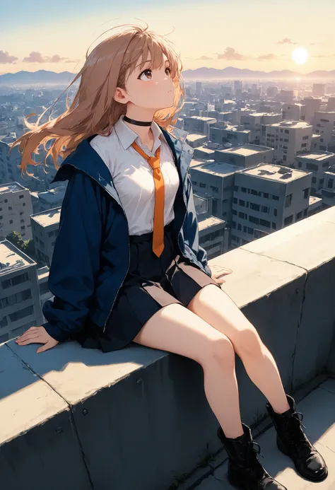 1 woman, solo, panoramic shot, side shot, light brown hair, long hair, dark brown eyes, small breasts, black choker, school uniform, white shirt, loose dark orange tie, loose blue jacket, dark skirt, black boots, sitting on the edge of a rooftop, looking u...