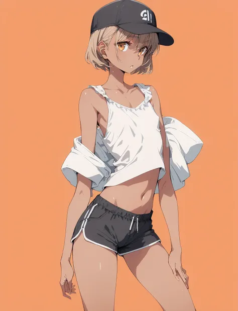 pt、  feminine body line，  flat chest，Femgirl :1.5，  brown skin:1.5，score_9, score_8_ up the side, score_7_ up the side， short hair，men and women,white oversized sleeveless shirt,Thighs, shorts that stand on only your feet, no bra, chest flyer,Black Cap, De...