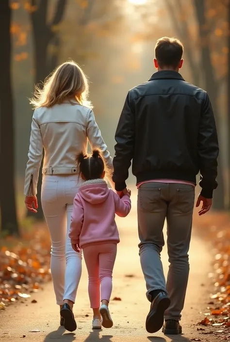  A girl with short waits run at a distance next to his mother and father.  The girl is wearing a ros jacket with horse logo and rosa legins .  The girl is wearing rosa shoes . His mother is wearing a white  leather jacket ,  white leather pants and black h...