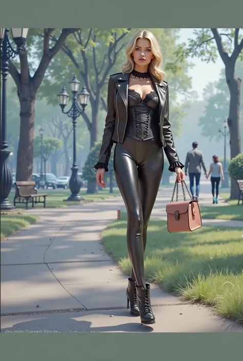           masterpiece,  High definition,  realistic image,  An attractive Caucasian woman who wears a spandex cat suit with mesh fabric and lace decoration on the neck and sleeves..., with Victorian corset , Leather jacket and a very feminine bag.,  Walkin...