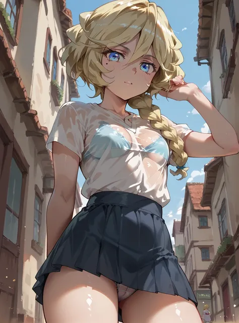 carolcasual, blonde hair, braid, mole, blue eyes,  shiny hair , braided ponytail , Y shirt, Tight Skirt,See-through underwear