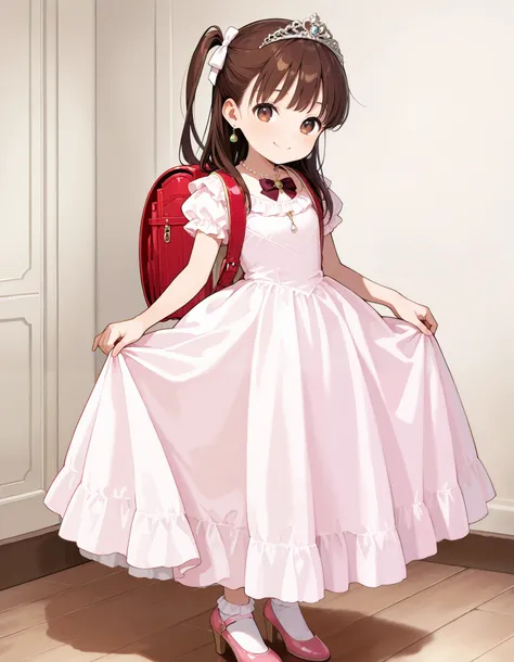 Hd, (littlegirl:1.2) (slender body) (thin body), smile, happy, masterpiece, best quality, highres,2d, anime, 1girl, long hair, one side up, solo, ponytail, brown hair, long hair, hair ribbon, brown eyes,  cowboy shot,princess dress, princess Costume, victo...