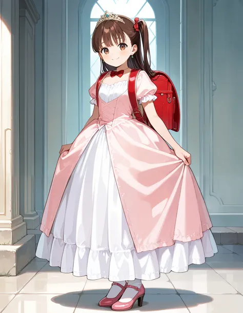 Hd, (littlegirl:1.2) (slender body) (thin body), smile, happy, masterpiece, best quality, highres,2d, anime, 1girl, long hair, one side up, solo, ponytail, brown hair, long hair, hair ribbon, brown eyes,  cowboy shot,princess dress, princess Costume, victo...