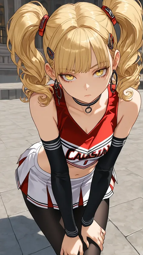 1Girl, Mature, Caucasian, Canadian, Light Skin, Long Curly Ginger Hair With Jet Black Highlights, Twintails, Yellow Eyes, Medium Chest, Black And Red Cheerleader Uniform, Black Arm Sleeve, Black Pantyhose, Black Choker, Yellow Hair Clips, Hoop Earrings, Lo...