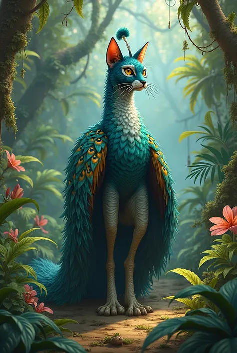 Anthropomorphized peacock cat hybrid on two legs