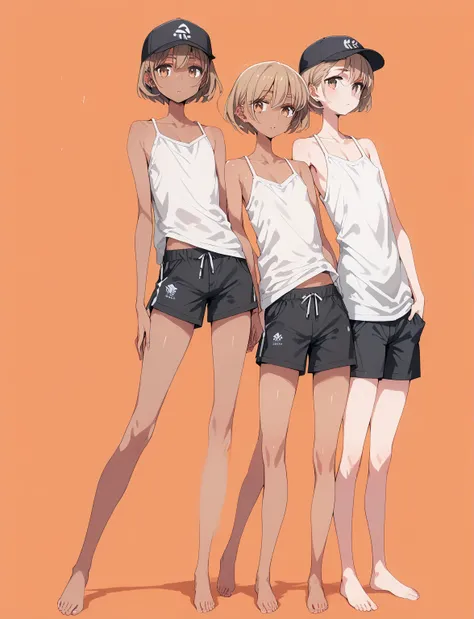 pt、  feminine body line，  flat chest，Femgirl :1.5，  brown skin:1.5，score_9, score_8_ up the side, score_7_ up the side， short hair，men and women,white oversized sleeveless shirt,Thighs, shorts that stand on only your feet, no bra, chest flyer,Black Cap, De...