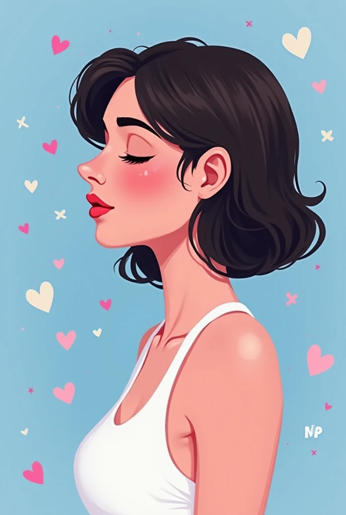 A woman profile cartoon,  with dark brown hair and closed eyes ,  takes up the majority .  She wears a white tank top and has a serene expression.  is dominated by shades of blue , pink and white,  with a few touches of black .  The colors are vibrant ,  b...