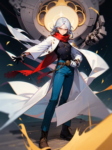 Male, adult, silver hair, medium-length, layered, crimson scarf, white long coat, tied to waist, navy blue pants, combat boots, piercing golden eyes, serious expression, mechanical right hand.