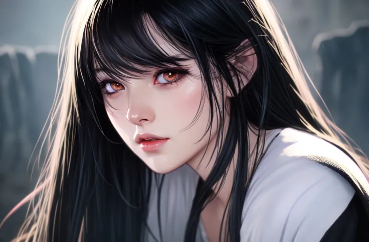 Lord of the Rings, Black hair, violet eyes, female, Masterpiece, High Resolution, Best Quality, Detail, HD, Long Hair, Bangs, Small Breasts, Simple background, Portrait View, Illustration, Anime, 