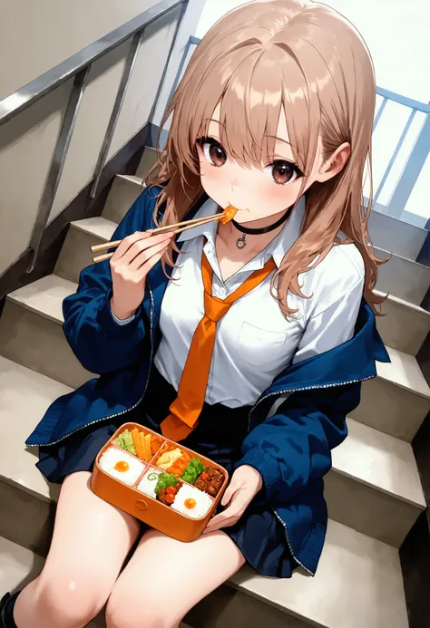 1 woman, solo, dutch angle, light brown hair, long hair, dark brown eyes, small breasts, black choker, school uniform, white shirt, loose dark orange tie, loose blue jacket, dark skirt, black boots, sitting on the stairs, eating her bento, chopsticks, scho...