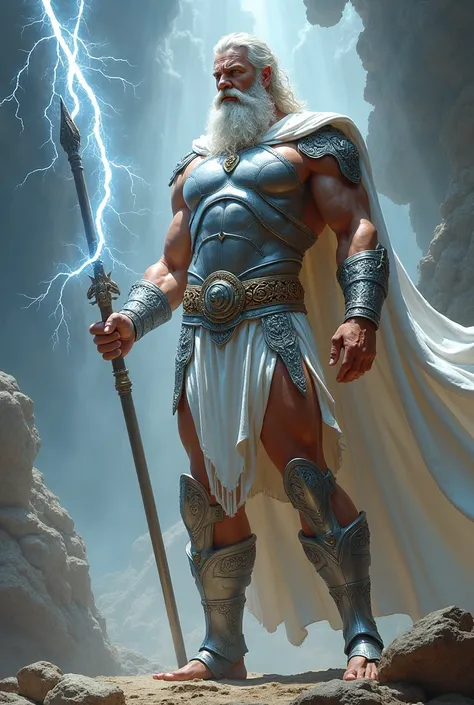 Zeus holds a lightning bolt, skinny, silver armor, sandal