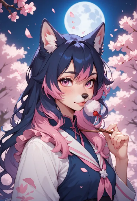 One furry fox husky wolf furry, sexy, navy dark blue black hair, dark blue, black hair, midnight blue hair, navy blue hair with pink and light blue tips, light blue hair tips, purple hair tip, pink hair tips,pink eye, small breast, fully clothed, pink japa...