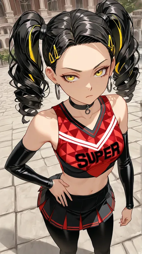 1Girl, Mature, Caucasian, Canadian, Light Skin, Long Curly Jet Black Hair With Yellow Highlights, Twintails, Yellow Eyes, Medium Chest, Black And Red Cheerleader Uniform, Black Arm Sleeve, Black Pantyhose, Black Choker, Yellow Hair Clips, Hoop Earrings, Lo...