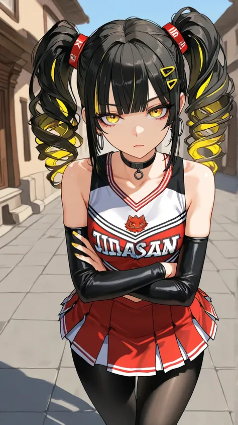 1Girl, Mature, Caucasian, Canadian, Light Skin, Long Curly Jet Black Hair With Yellow Highlights, Twintails, Yellow Eyes, Medium Chest, Black And Red Cheerleader Uniform, Black Arm Sleeve, Black Pantyhose, Black Choker, Yellow Hair Clips, Hoop Earrings, Lo...