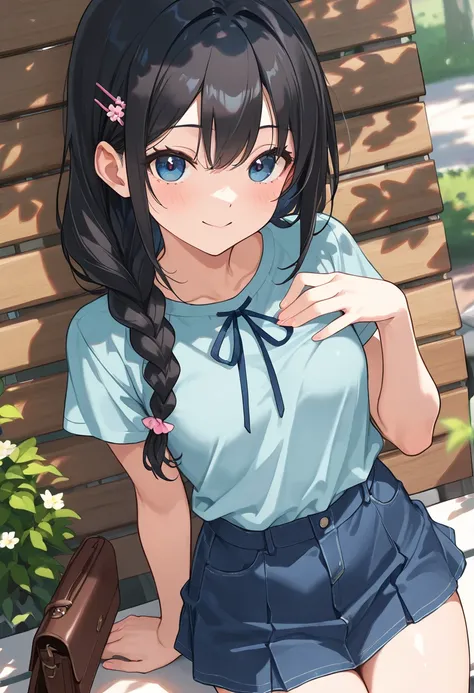 very awa, masterpiece, best quality, newest,  highres, absurdres、 Fantasy World masterpiece ,  one 、 very small breasts、Shiny black hair、 Long braided hair、  pink hairpin、 light blue shirt、 Cream Mini Skirt Pink、cute brown bag、Dark blue eyes、  innocent smi...