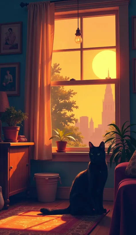 lo-fi hip-hop single cover, title "420 Days In The Year", beautiful title font, cover concept is a cozy beautiful room with creative chaos and a beautiful sunny day outside the window, a black cat in the frame in the background, haze in the room, a warm st...