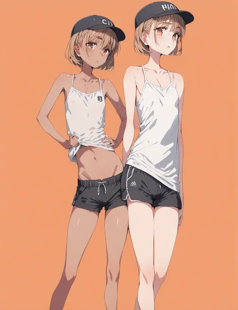 pt、  feminine body line，  flat chest，Femgirl :1.5，  brown skin:1.5，score_9, score_8_ up the side, score_7_ up the side， short hair，men and women,white oversized sleeveless shirt,Thighs, shorts that stand on only your feet, no bra, chest flyer,Black Cap, De...