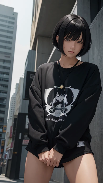   high resolution,   boyish,    in the seat,  black hair,  shortcuts,   Asymmetric Hairstyle ,  Asymmetrical bangs,   yellow eyes, Round and round eyes, Eyes with a triple circle,  skater-style street fashion, slightly oversized bottoms,  standing, futanar...