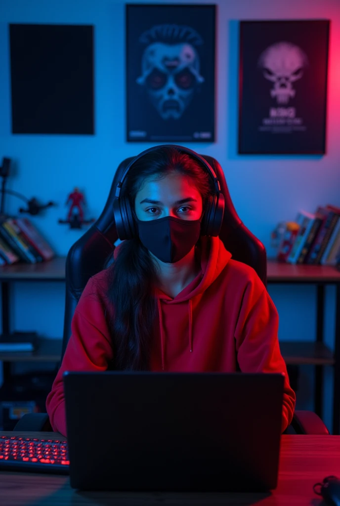 A 21-year-old indian girl is sitting at a computer desk with a laptop and a mounted microphone, wearing a red hoodie and headphones. The photo is taken from the front, showcasing the subject directly facing the camera. The dark blue-lit background creates ...